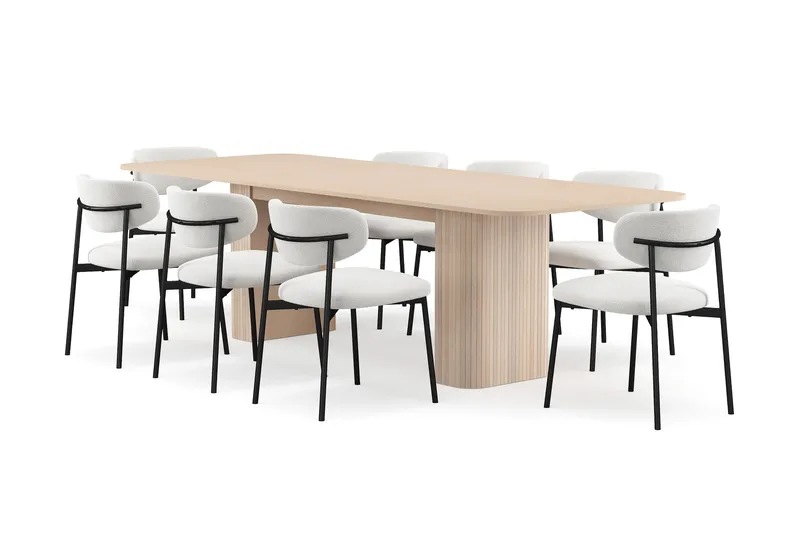 Kopparbo Spisebord 200-260 cm Uttrekkbart med ileggsplate med 8 Lucy Spisestoler, Hvit / Hvit Bouclé / Metallben Svart