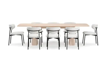Kopparbo Spisebord 200-260 cm Uttrekkbart med ileggsplate med 8 Lucy Spisestoler - Hvit / Hvit Bouclé / Metallben Svart - Møbler - Bord - Spisegruppe