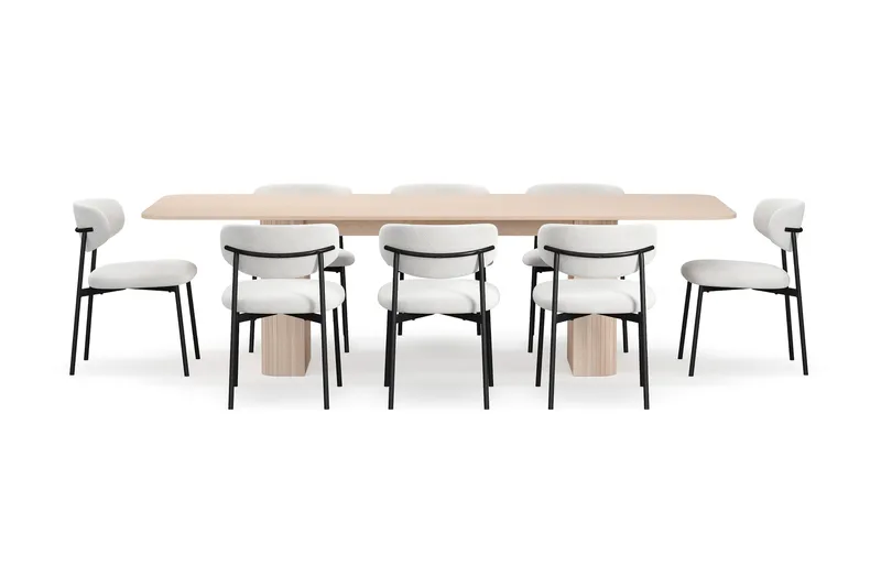 Kopparbo Spisebord 200-260 cm Uttrekkbart med ileggsplate med 8 Lucy Spisestoler - Hvit / Hvit Bouclé / Metallben Svart - Møbler - Bord - Spisegruppe