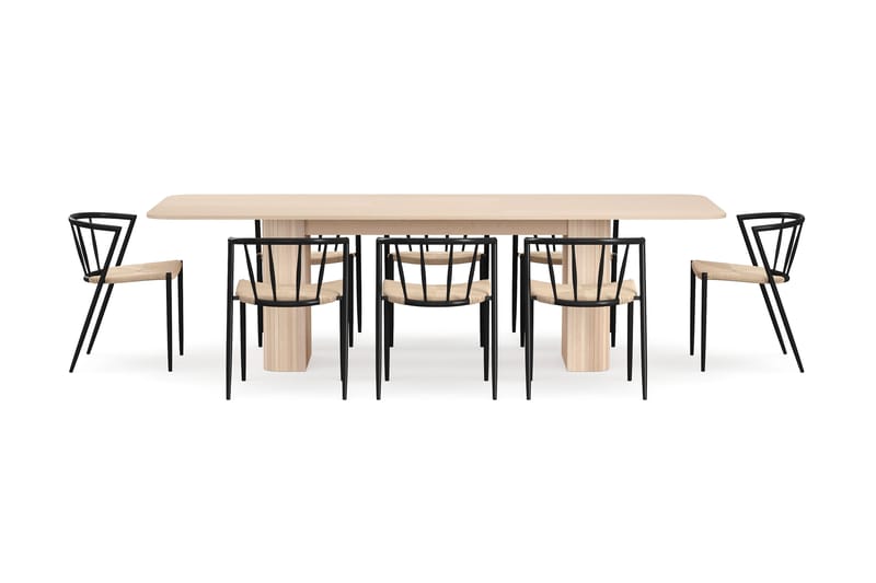Kopparbo Spisebord 200-260 cm Uttrekkbart med ileggsplate med 8 Winston Spisestoler - Hvit / Beige / Metallben Svart - Møbler - Bord - Spisegruppe