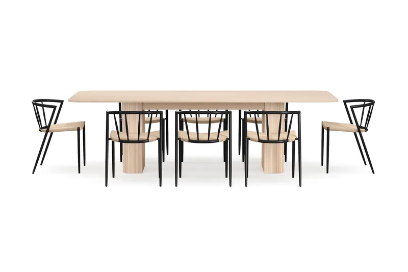 Kopparbo Spisebord 200-260 cm Uttrekkbart med ileggsplate med 8 Winston Spisestoler - Hvit / Beige / Metallben Svart - Møbler - Bord - Spisegruppe