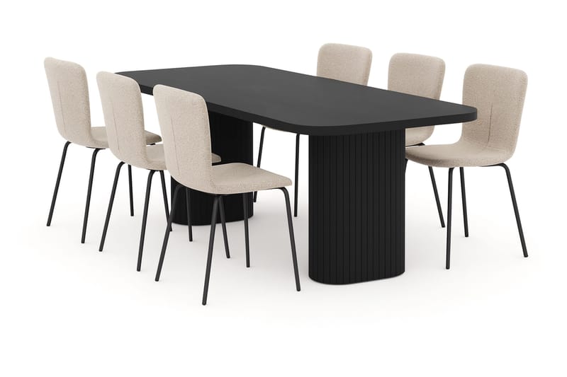 Kopparbo Spisebord 200 cm med 4 Katy Spisestoler, Svart / Greige Bouclé / Metallben Svart