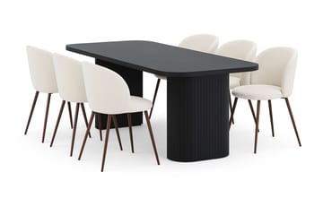 Kopparbo Spisebord 200 cm med 6 Greya Spisestoler med armlener - Svart / Hvit Bouclé / Metallben Valnøtt - Møbler - Bord - Spisegruppe