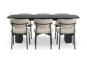 Kopparbo Spisebord 200 cm med 6 Lucy Spisestoler - Svart / Greige Bouclé / Metallben Svart - Møbler - Bord - Spisegruppe