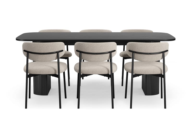 Kopparbo Spisebord 200 cm med 6 Lucy Spisestoler - Svart / Greige Bouclé / Metallben Svart - Møbler - Bord - Spisegruppe