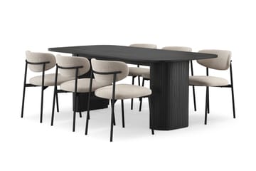 Kopparbo Spisebord 200 cm med 6 Lucy Spisestoler - Svart / Greige Bouclé / Metallben Svart - Møbler - Bord - Spisegruppe