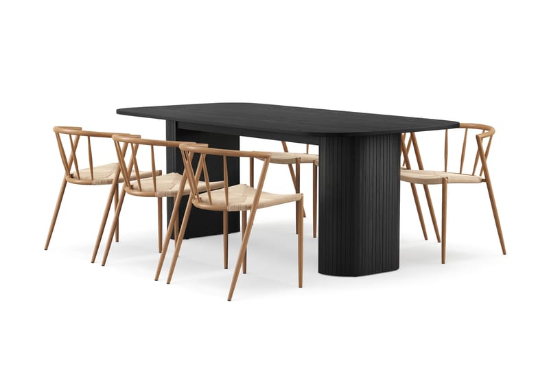 Kopparbo Spisebord 200 cm med 6 Winston Spisestoler, Svart / Beige / Metallben Eik