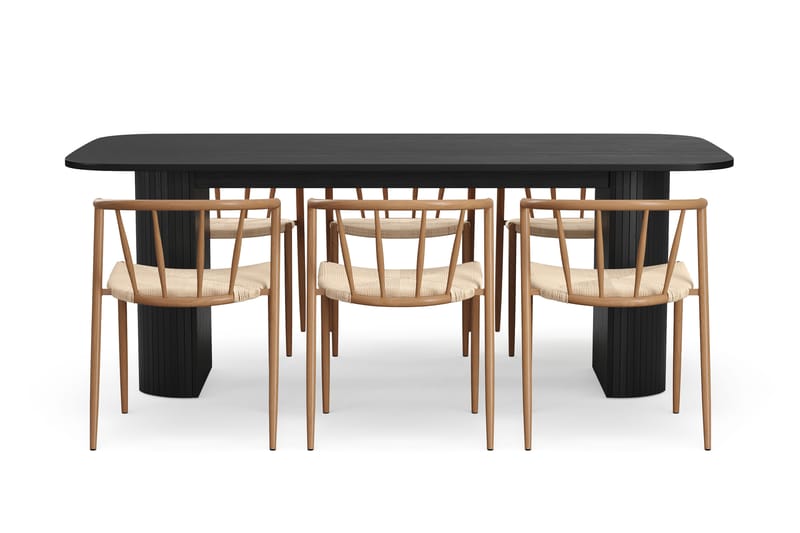 Kopparbo Spisebord 200 cm med 6 Winston Spisestoler - Svart / Beige / Metallben Eik - Møbler - Bord - Spisegruppe
