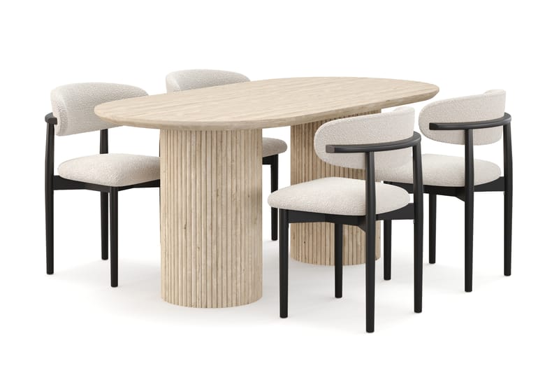 Kopparbo Spisebord Travertin-look med 4 stk Jaiveer Matstkolar - Beige - Møbler - Bord - Spisegruppe