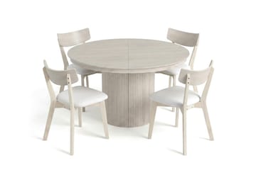 Kopparbo spisegruppe, uttrekkbar og rund 120–220 cm, hvitlasert, med 4 Amelia spisestoler med pute - Hvitlasert/Beige - Møbler - Bord - Spisegruppe