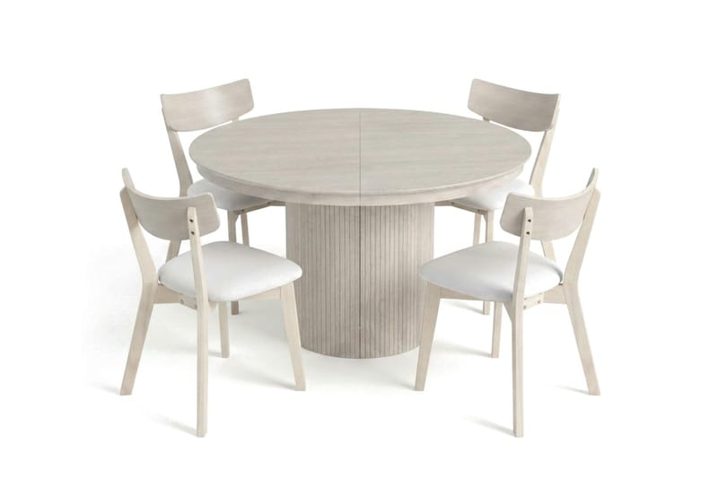 Kopparbo spisegruppe, uttrekkbar og rund 120–220 cm, hvitlasert, med 4 Amelia spisestoler med pute - Hvitlasert/Beige - Møbler - Bord - Spisegruppe