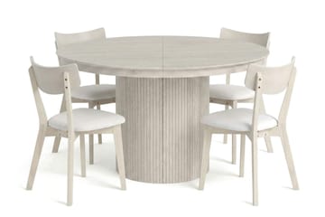 Kopparbo spisegruppe, uttrekkbar og rund 120–220 cm, hvitlasert, med 4 Amelia spisestoler med pute - Hvitlasert/Beige - Møbler - Bord - Spisegruppe