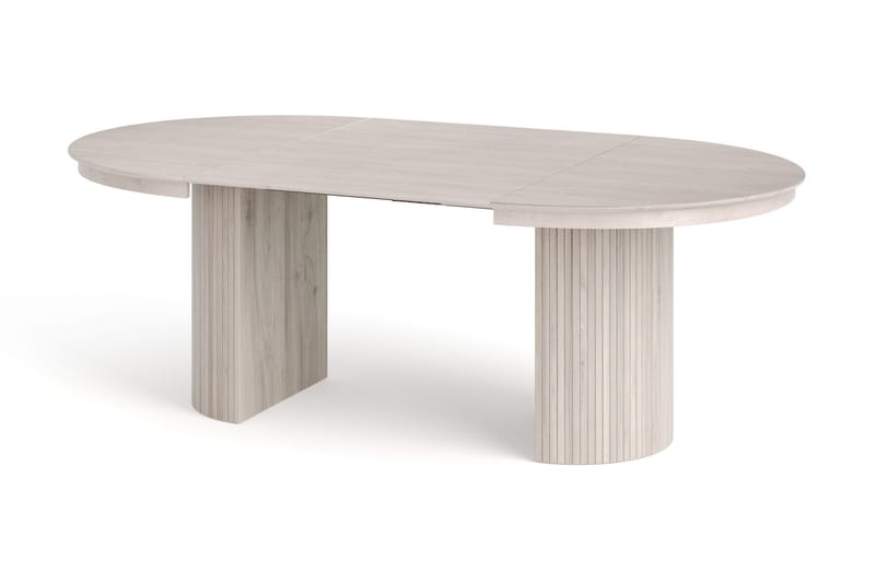 Kopparbo spisegruppe, uttrekkbar og rund 120–220 cm, hvitlasert, med 4 Amelia spisestoler med pute - Hvitlasert/Beige - Møbler - Bord - Spisegruppe