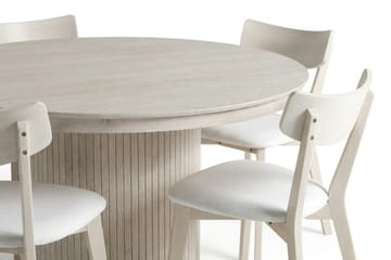 Kopparbo spisegruppe, uttrekkbar og rund 120–220 cm, hvitlasert, med 4 Amelia spisestoler med pute - Hvitlasert/Beige - Møbler - Bord - Spisegruppe