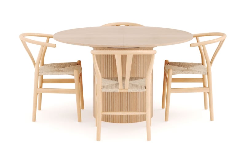Kopparbo Spisegruppe 130 cm Rund Forlengbar med 4 Dastoori Spisestoler - Whitewash - Møbler - Bord - Spisegruppe