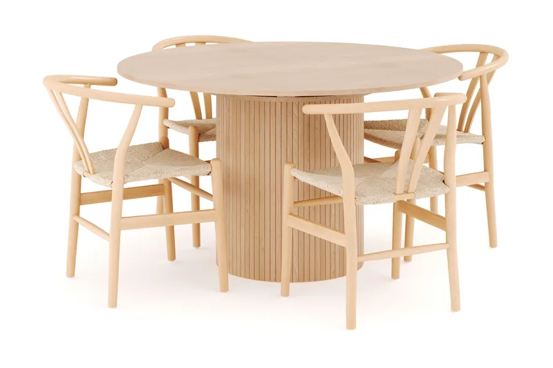 Kopparbo Spisegruppe 130 cm Rund Forlengbar med 4 Dastoori Spisestoler, Whitewash