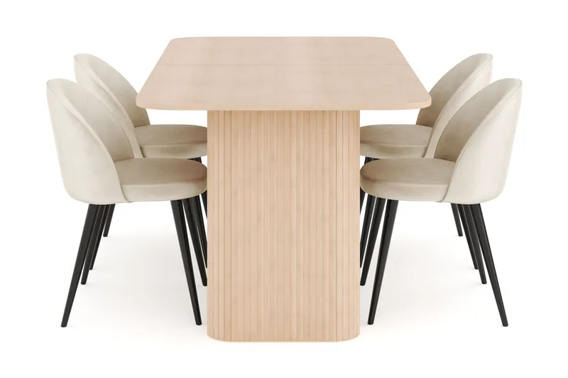 Kopparbo Spisegruppe 180-240 cm Forlengbar med 4 Valeri Fløyelsstoler - Whitewash - Møbler - Bord - Spisegruppe