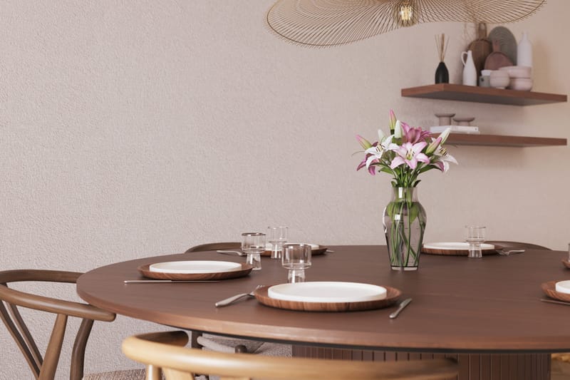 Kopparbo Spisegruppe 180 cm rundt spisebord med 6 Dastoori Spisestoler - Valnøtt - Møbler - Bord - Spisegruppe