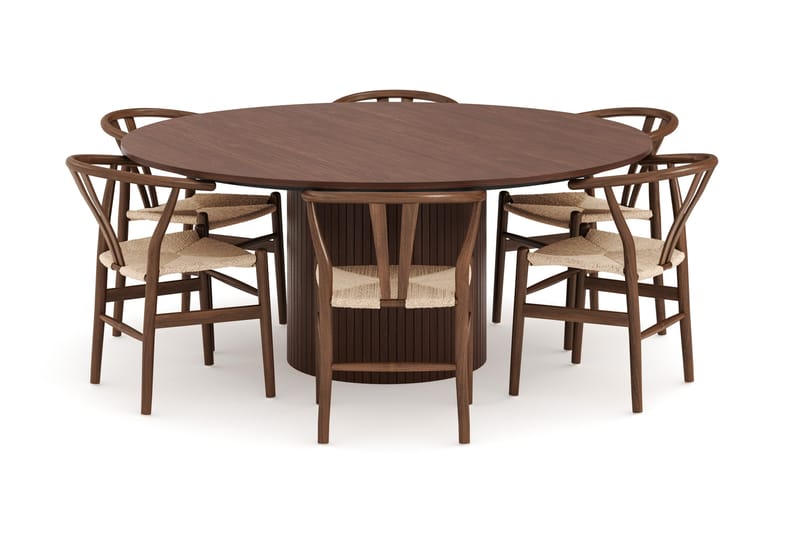 Kopparbo Spisegruppe 180 cm rundt spisebord med 6 Dastoori Spisestoler - Valnøtt - Møbler - Bord - Spisegruppe