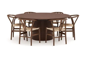 Kopparbo Spisegruppe 180 cm rundt spisebord med 6 Dastoori Spisestoler - Valnøtt - Møbler - Bord - Spisegruppe