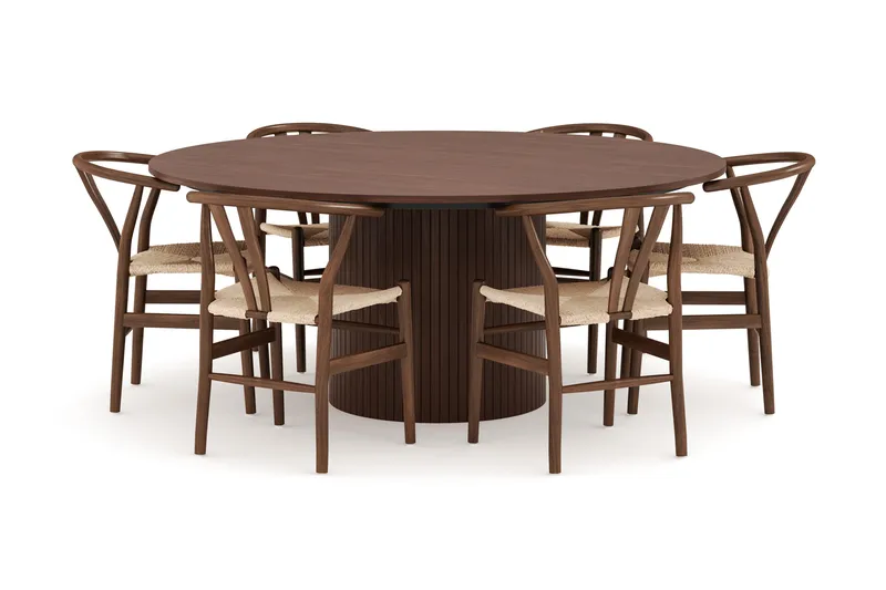 Kopparbo Spisegruppe 180 cm rundt spisebord med 6 Dastoori Spisestoler, Valnøtt