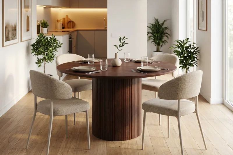 Kopparbo Spisegruppe med rundt bord 110 cm og 4 Sawako Spisestoler - Valnøtt - Møbler - Bord - Spisegruppe