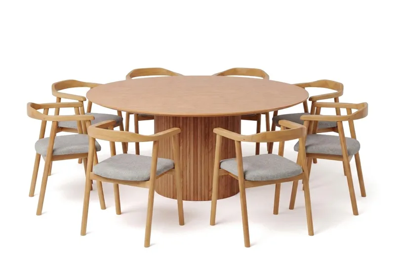 Kopparbo spisegruppe med rundt bord 180 cm eik og 8 Jolie spisestoler, Eik