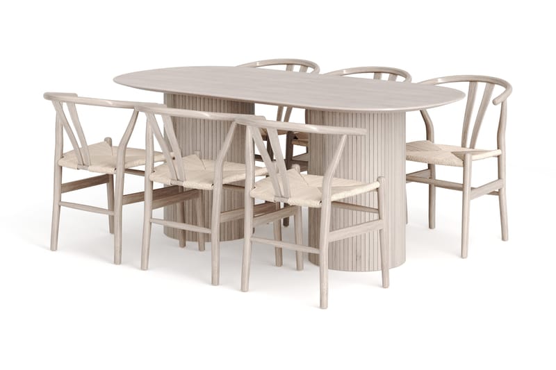 Kopparbo spisegruppe oval 180 cm hvitlasert med 6 Dastoori spisestoler, Hvitbeiset eik