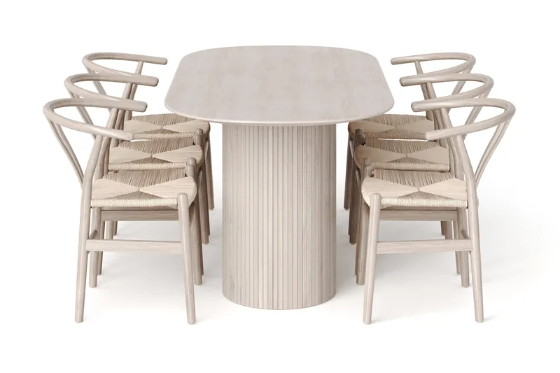 Kopparbo spisegruppe oval 180 cm hvitlasert med 6 Dastoori spisestoler - Hvitbeiset eik - Møbler - Bord - Spisegruppe
