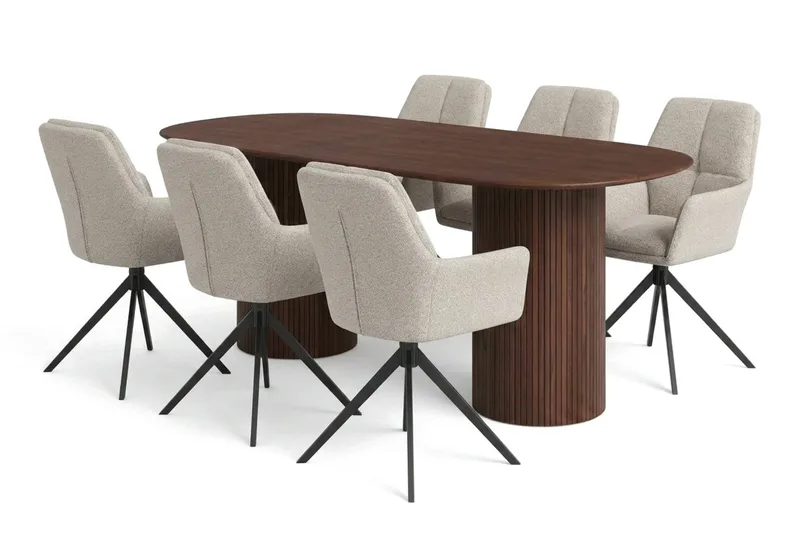 Kopparbo spisegruppe oval 180 cm valnøtt med 6 Torsby spisestoler, Valnøtt