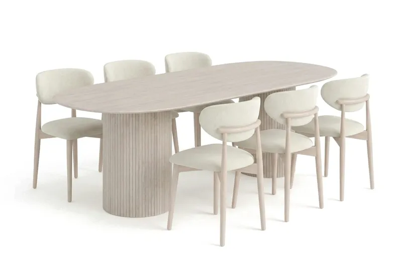 Kopparbo spisegruppe oval 220 cm hvitlasert med 6 Molly spisestoler, Hvitlasert