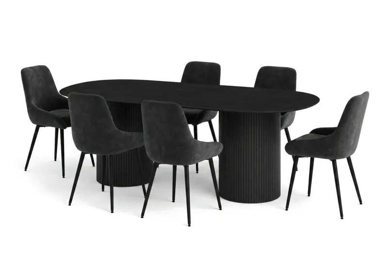 Kopparbo spisegruppe oval 220 cm svart med 8 Alsarp spisestoler, Svart
