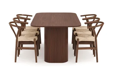 Kopparbo Spisegruppe Rektangulært Spisebord 200 cm 6 Dastoori Spisestoler - Brun / Beige / Tre / Ribbet - Møbler - Bord - Spisegruppe