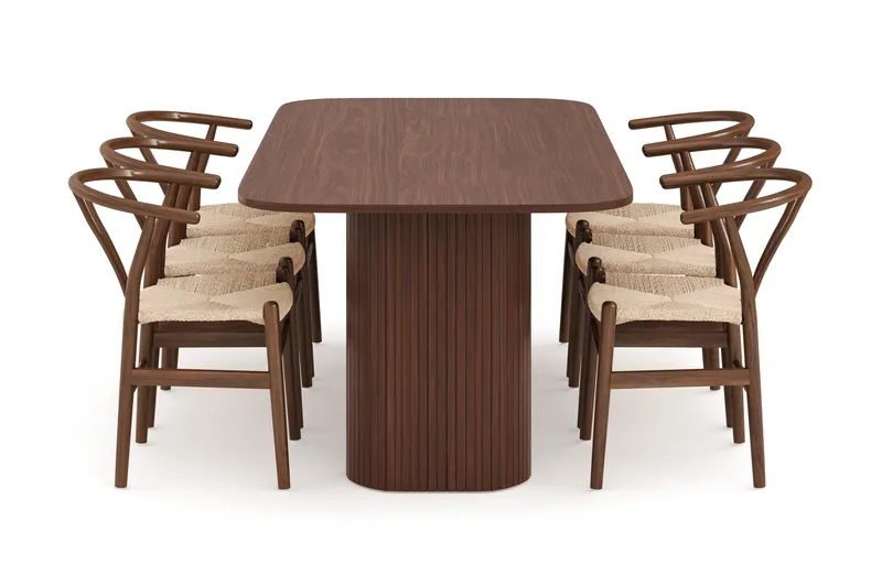 Kopparbo Spisegruppe Rektangulært Spisebord 200 cm 6 Dastoori Spisestoler - Brun / Beige / Tre / Ribbet - Møbler - Bord - Spisegruppe