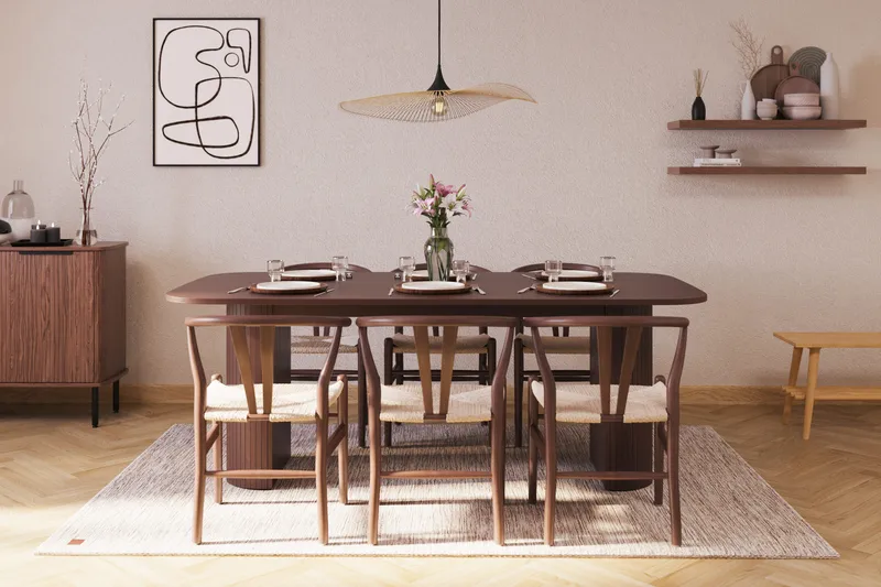 Kopparbo Spisegruppe Rektangulært Spisebord 200 cm 6 Dastoori Spisestoler - Brun / Beige / Tre / Ribbet - Møbler - Bord - Spisegruppe