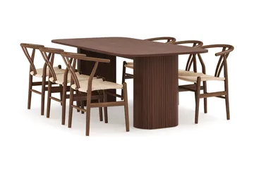 Kopparbo Spisegruppe Rektangulært Spisebord 200 cm 6 Dastoori Spisestoler - Brun / Beige / Tre / Ribbet - Møbler - Bord - Spisegruppe