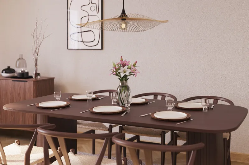 Kopparbo Spisegruppe Rektangulært Spisebord 200 cm 6 Dastoori Spisestoler - Brun / Beige / Tre / Ribbet - Møbler - Bord - Spisegruppe