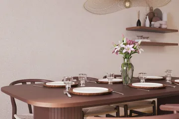 Kopparbo Spisegruppe Rektangulært Spisebord 200 cm 6 Dastoori Spisestoler - Brun / Beige / Tre / Ribbet - Møbler - Bord - Spisegruppe