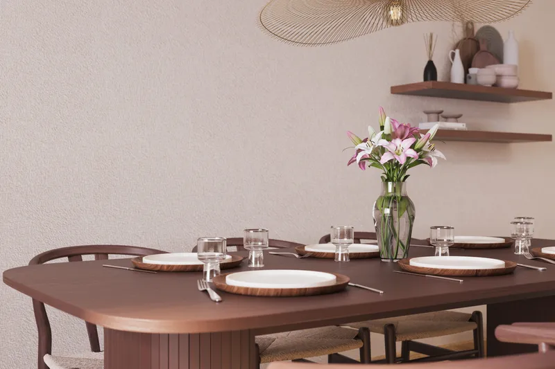 Kopparbo Spisegruppe Rektangulært Spisebord 200 cm 6 Dastoori Spisestoler - Brun / Beige / Tre / Ribbet - Møbler - Bord - Spisegruppe