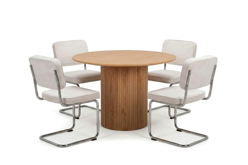 Kopparbo spisegruppe rund 110 cm eik med 4 Milva spisestoler, Eik