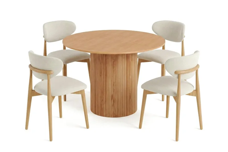 Kopparbo spisegruppe rund 110 cm eik med 4 Molly spisestoler, Eik
