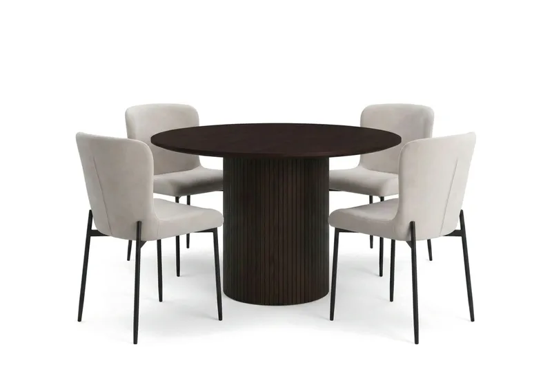 Kopparbo spisegruppe rund 110 cm Røkt eik med 4 Elsie spisestoler, Røkt eik/Beige