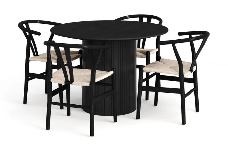 Kopparbo spisegruppe rund 110 cm svart med 4 Dastoori-spisestoler, Svartbeiset eik