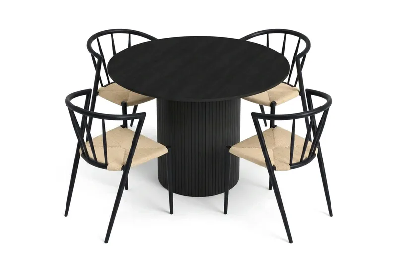 Kopparbo spisegruppe rund 110 cm svart med 4 Winston spisestoler - Svart - Møbler - Bord - Spisegruppe