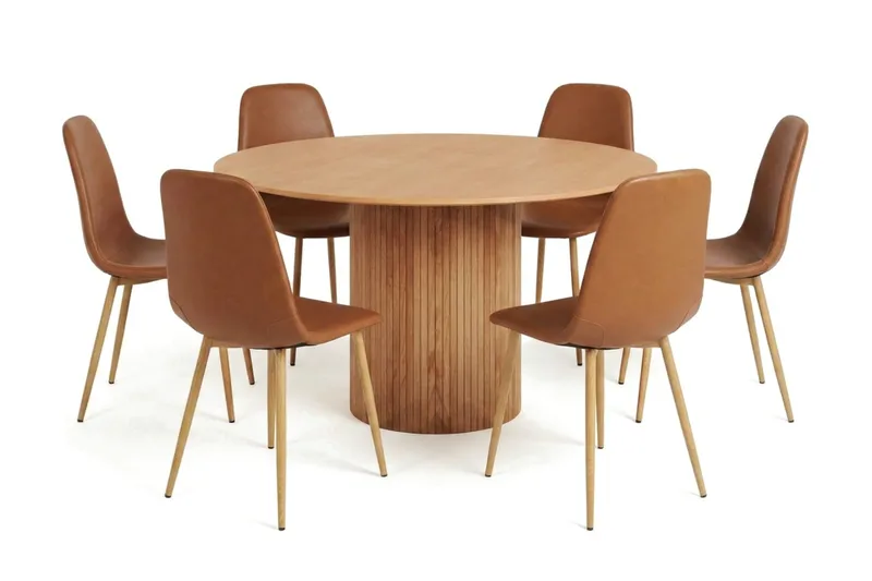 Kopparbo spisegruppe rund 130 cm eik med 6 Nibe spisestoler, Eik