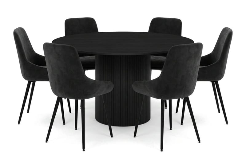 Kopparbo spisegruppe rund 130 cm svart med 6 Alsarp spisestoler, Svart