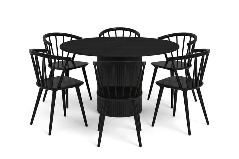 Kopparbo spisegruppe rund 130 cm svart med 6 Tyrö spisestoler, Svart