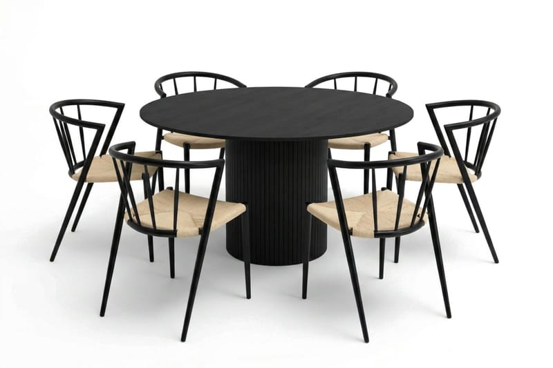 Kopparbo spisegruppe rund 130 cm svart med 6 Winston spisestoler, Svart