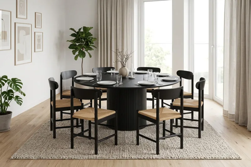 Kopparbo spisegruppe rund 180 cm svart med 8 Malte spisestoler - Svartbeiset eik - Møbler - Bord - Spisegruppe