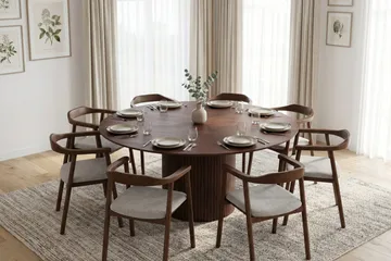 Kopparbo spisegruppe rund 180 cm valnøtt med 8 Jolie spisestoler - Møbler - Bord - Spisegruppe